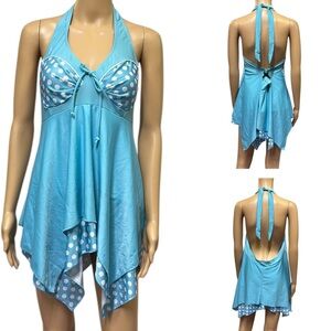 Blue Polka Dot Halter Tie Layered Tankini Top Womens Plus Size 3X